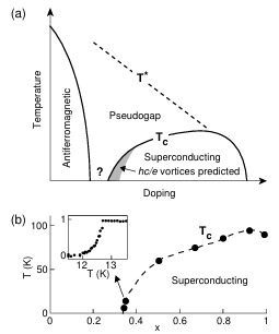  Figure 4.1: (a) Schematic temperature-doping phase diagram of the cuprate superconductors. The question mark indicates a poorly understood region. Samples with doping below that which gives the maximum Tc are called underdoped. The shaded area qualitatively indicates where hc e vortices are predicted in theories of spin-charge separation (Sachdev 1992; Nagaosa and Lee 1992; Nagaosa 1994; Senthil and Fisher 2001a). (b) Tc as a function of oxygen content in YBa2Cu3O6+x crystals (Liang et al. 1998, 2002). Inset: Magnetic transition of a YBa2Cu3O635 crystal measured locally with a Hall probe in an applied AC eld of 0.06 mT. Vertical axis is the magnetic eld measured by the Hall probe normalized by the applied eld.