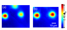  Figure 6.2: Partial and full vortices in very underdoped YBCO (exact Tc unknown) at 3.5 K imaged with the SQUID. (a) A partial vortex is on the right, while other ux is o the top of the image and a full vortex is present on the left side. (b) After thermal cycling above Tc, 8 out of 9 times only full vortices like those shown here appeared.