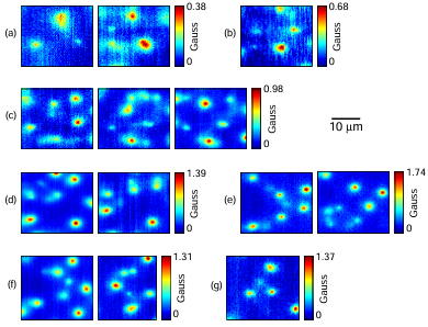 Figure 6.3: Hall probe images containing partial vortices for a range of Tc in the YBa2Cu3O6375crystal. (a)Tc=51K. (b)Tc=65K. (c)Tc=86K. (d)Tc=115K. (e)Tc=131K. (f)Tc=140K. (g)Tc=144K. For (a)-(d),T·24K; for (e)-(g), T·42K. Inmost of the images, thebrightest (red)vortices are full vorticeswithin experimentalerror,whilethoseofsmalleramplitudeareidenti edaspartialvortices.