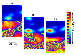  Figure 6.8: Motion of a partial vortex induced by xy coarse motion in a YBCO crystal with Tc 7 K at T = 26 K. The upper and lower images are the same, just displayed with di erent colormaps to bring out all the features. The partial vortex of interest is indicated by the white arrows. Stick-slip sample coarse motion in the y direction was performed between images (a), (b) and (c), shifting the image area vertically as shown. Intermediate images were also taken but are not shown. The larger vortices remain stationary with respect to the sample while the partial vortex moved around. In (a) the brightest vortex carries ux 0. This same vortex is seen again at the top left of (b). The brightest blob (red) in (b) and (c) are vortices that are too close to be spatially resolved by the 8 m SQUID.